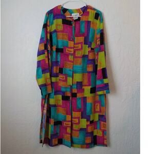 Vtg Sue Brett Women M Tunic Dress Colorful Geometric Shiny Fabric Jewel Buttons